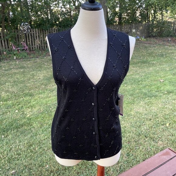 Alfred Dunner Womens Black Knit Vest W/ Button Front & Embellished Diamond Desig - Picture 1 of 6